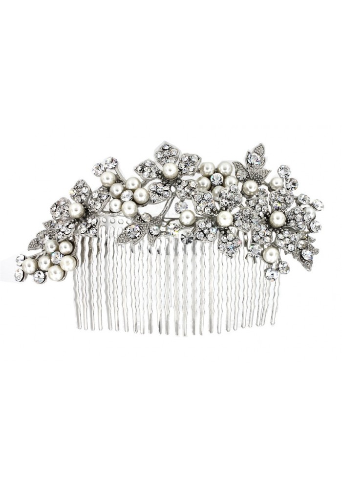 Wedding Hair Comb – Bridal Hair Combs & Clips w/ Austrian Crystal Stones Flowers - HCB-FR-16CP